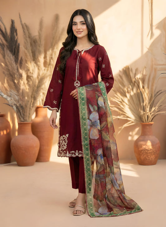 ZEENAT – 3 PIECE DARK MAROON LUXURY LAWN ENSEMBLE 2026