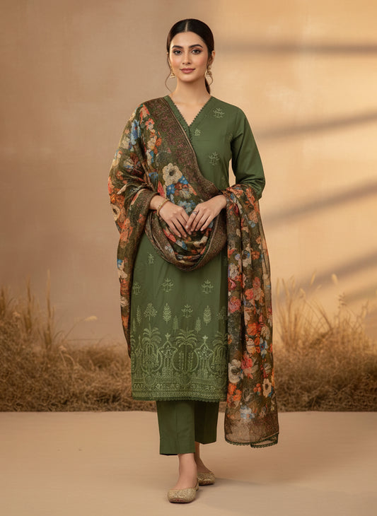 JAHANARA – 3 PIECE MEHNDI GREEN SIGNATURE LUXURY LAWN 2026
