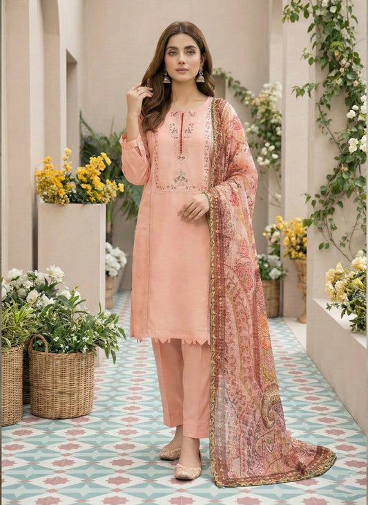 ROSE PEACH – 3 PIECE CHIKAN KARI CAMBRIC LAWN SUIT 2026