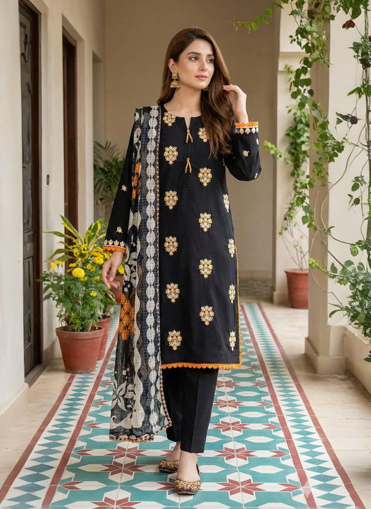 NOORE BLACK – 3 PIECE CHIKAN KARI CAMBRIC LAWN SUIT 2026