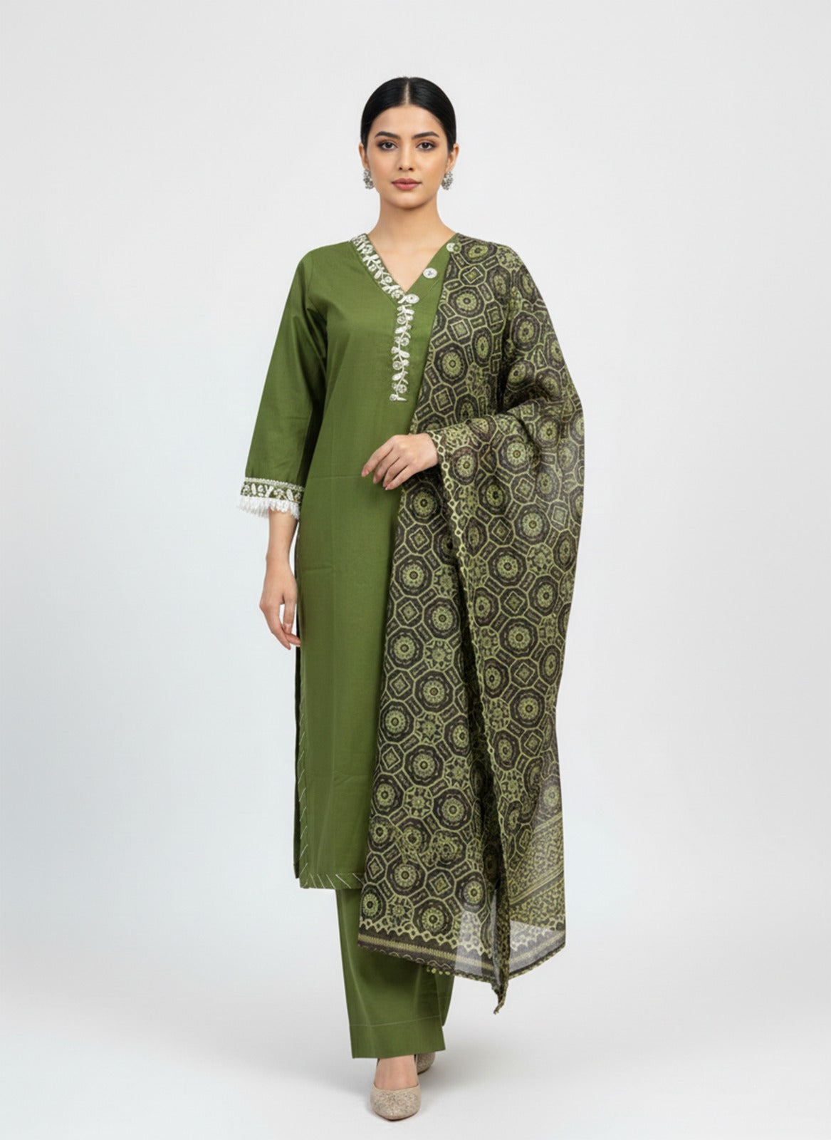 EMERALD WHISPERS – 3 PIECE MEHNDI GREEN JACQUARD COLLECTION 2026